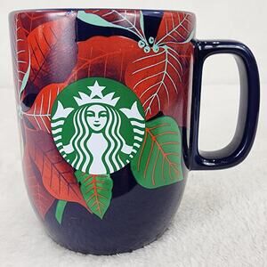 Starbucks Mug 2020 Poinsettia Christmas Siren Logo 12 oz. Ceramic Mug Navy Blue